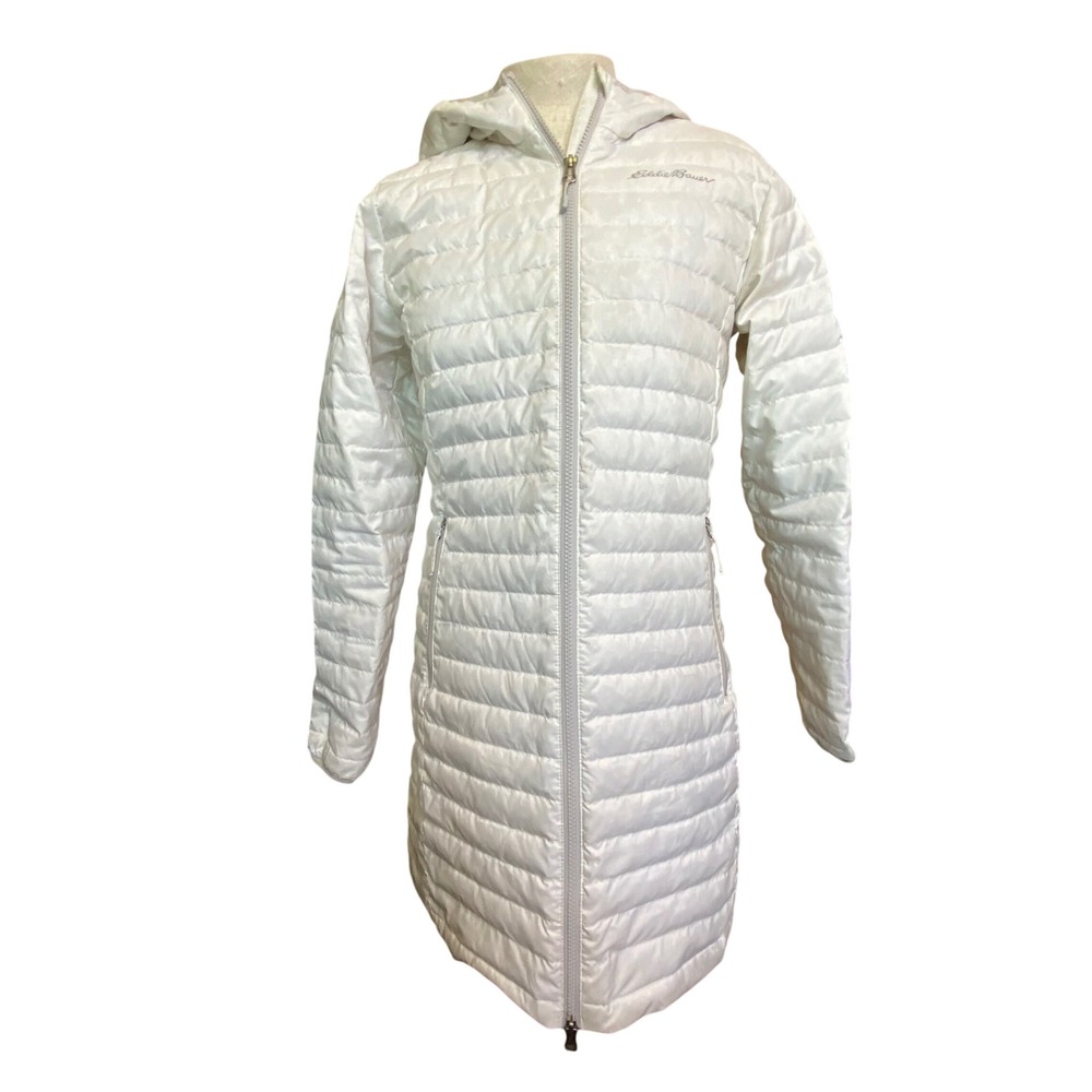 Eddie Bauer Womens S White 650 Down Hooded Long Puffer Jacket Coat Travel Winter